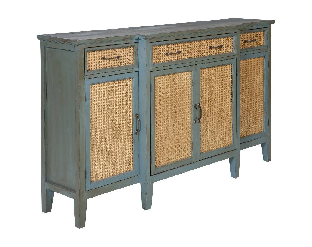 Novità Home Tonia - Credenza Verde Antico - 3 Cassetti 4 Sportelli In Paglia Vienna