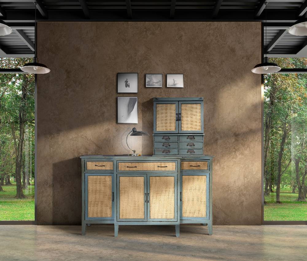 Novità Home Tonia - Credenza Verde Antico - 3 Cassetti 4 Sportelli In Paglia Vienna