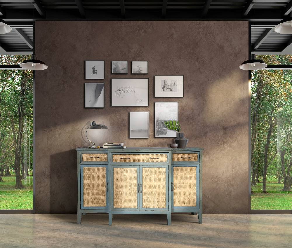 Novità Home Tonia - Credenza Verde Antico - 3 Cassetti 4 Sportelli In Paglia Vienna