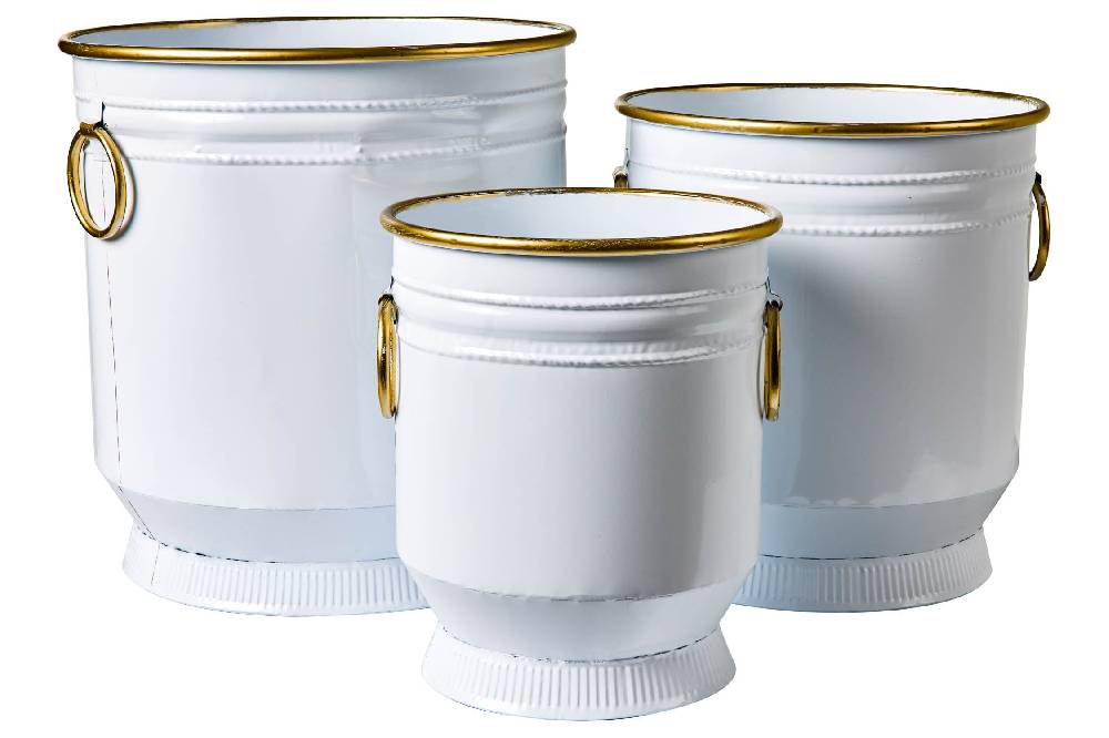Novità Home Tres Chic - Set 3 Cache-Pot in Ferro Bianco Anelli e Bordi Dorati