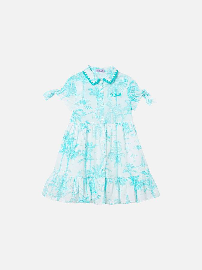 Mc2 Saint Barth Abito da bambina con fantasia toile de jouy verde acqua