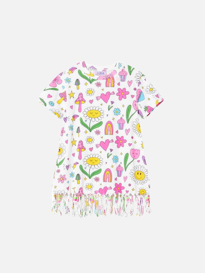 Mc2 Saint Barth Abito da bambina in cotone bianco con stampa e charms