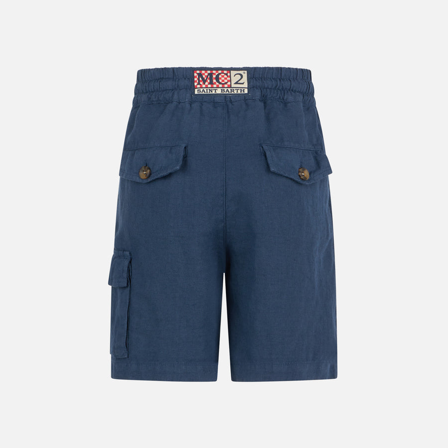 Mc2 Saint Barth Bermuda Da Bambino In Lino Blu Navy