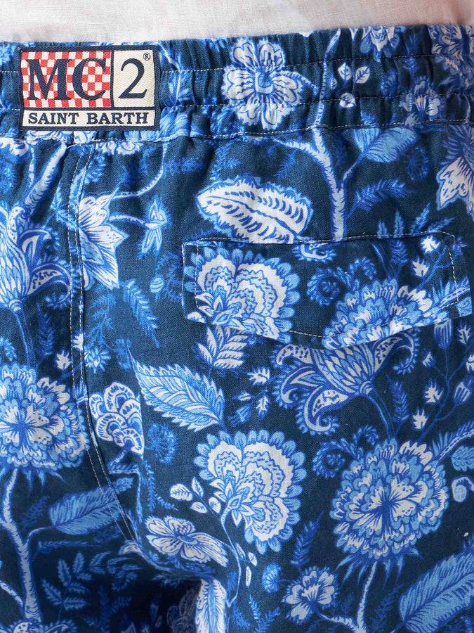 Mc2 Saint Barth Bermuda Da Uomo In Lino Blu Con Stampa Fiori