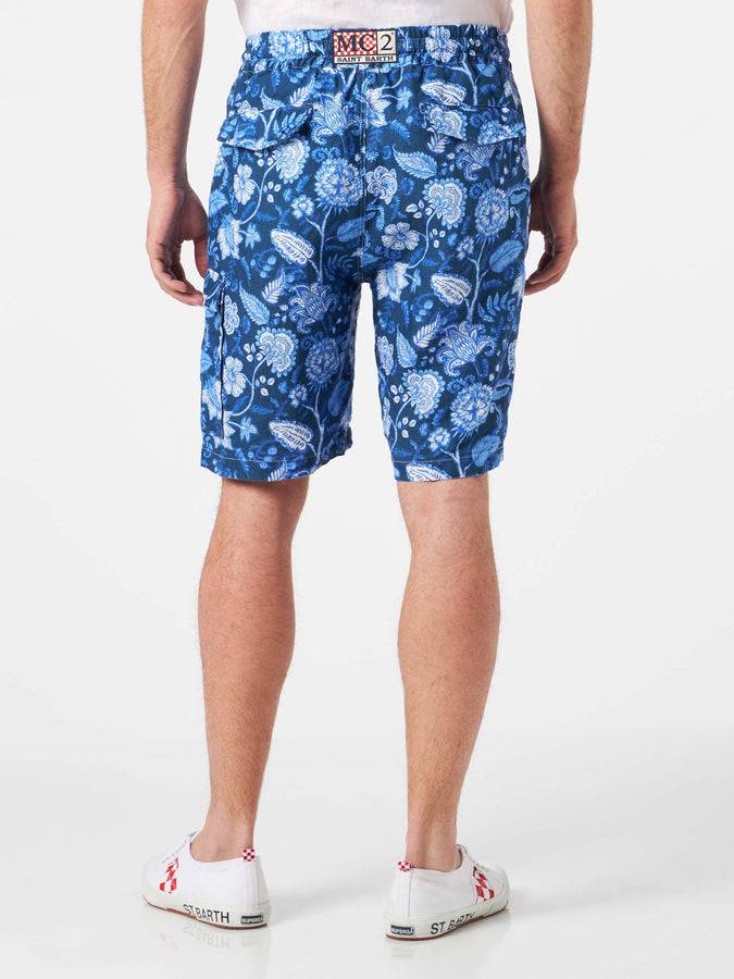 Mc2 Saint Barth Bermuda Da Uomo In Lino Blu Con Stampa Fiori