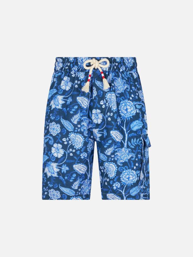 Mc2 Saint Barth Bermuda Da Uomo In Lino Blu Con Stampa Fiori