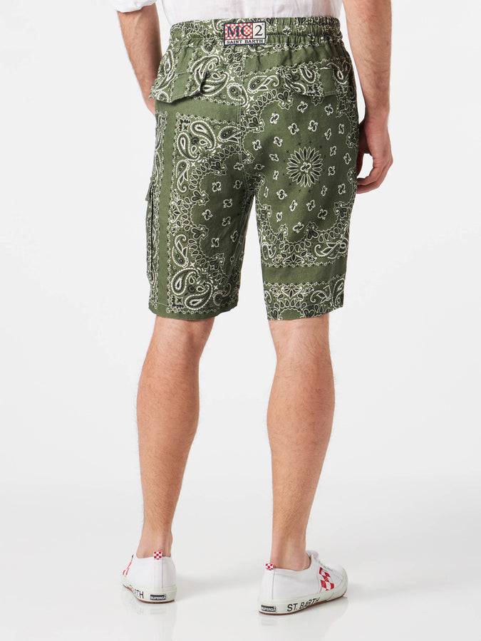 Mc2 Saint Barth Bermuda Da Uomo In Lino Con Stampa Bandana Verde Militare