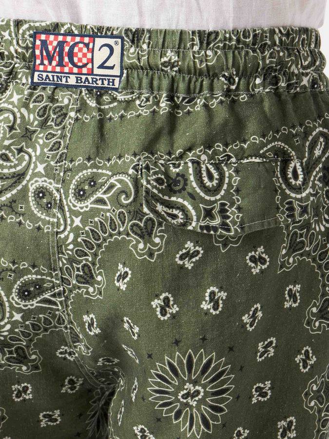 Mc2 Saint Barth Bermuda Da Uomo In Lino Con Stampa Bandana Verde Militare