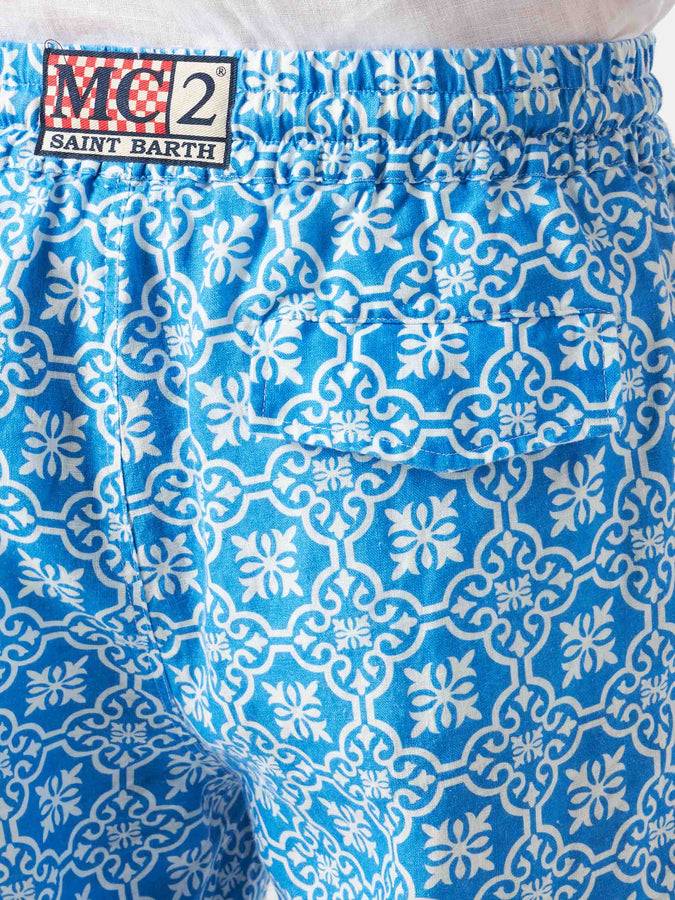 Mc2 Saint Barth Bermuda Da Uomo In Lino Con Stampa Maiolica Bianca E Azzurra