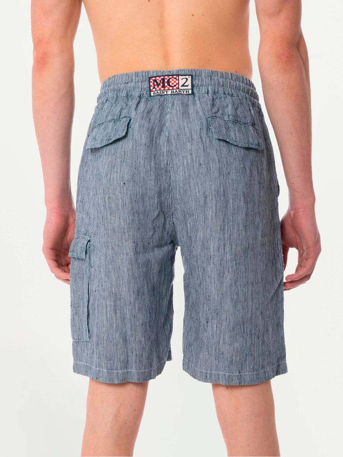 Mc2 Saint Barth Bermuda In Lino Color Denim A Righe