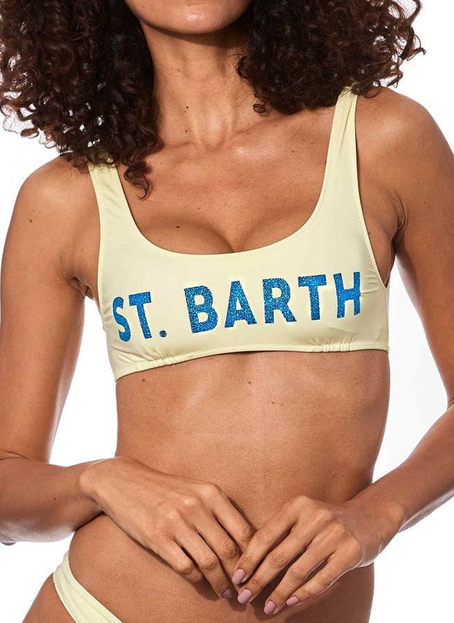 Mc2 Saint Barth Bikini A Bralette Giallo Pastello Con Logo Glitterato