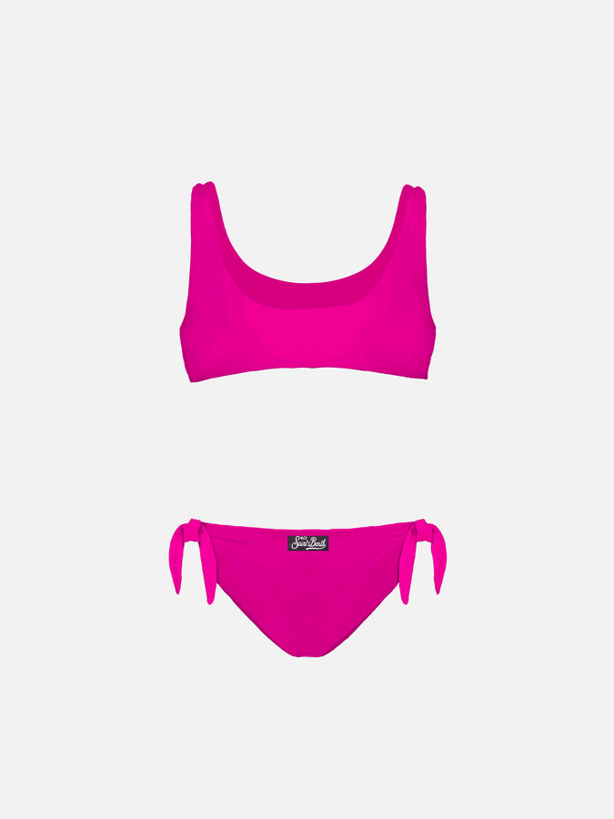 Mc2 Saint Barth Bikini A Bralette Per Bambina In Paillettes Fucsia Con Logo Argento