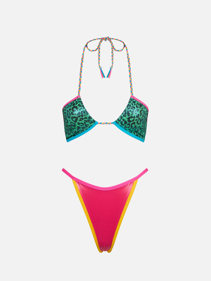 Mc2 Saint Barth Bikini A Fascia Verde Leopardata Con Piping