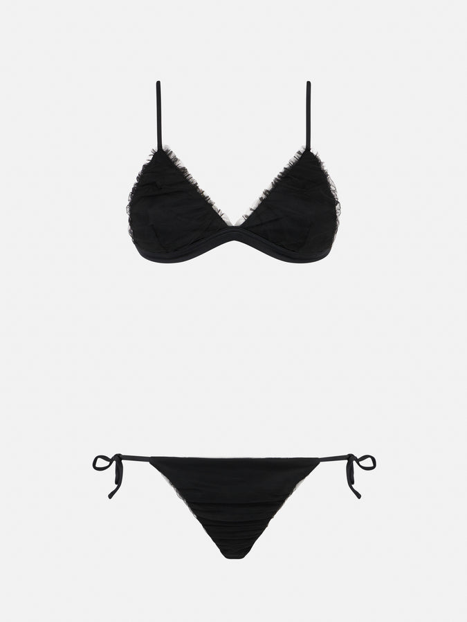 Mc2 Saint Barth Bikini A Triangolo Nero Risvolto Con Tulle Lucido Nero