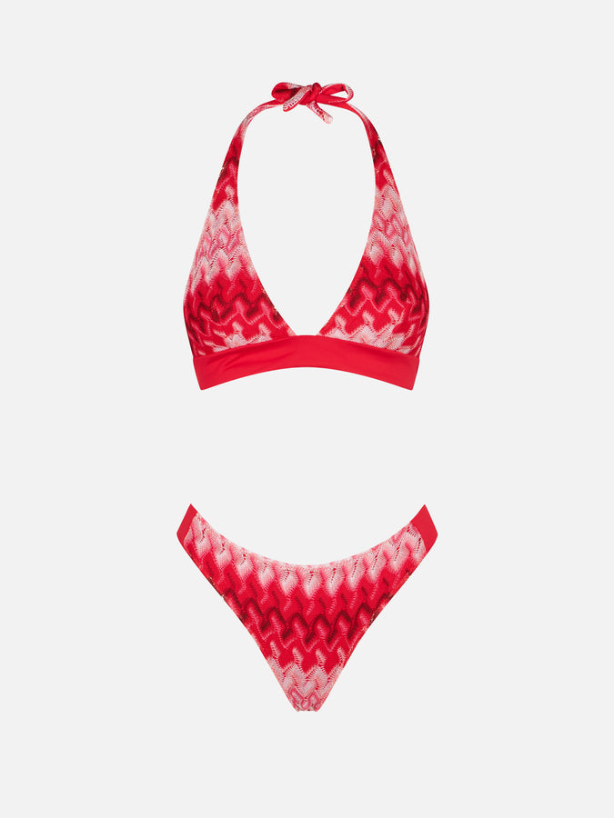 Mc2 Saint Barth Bikini A Triangolo Rosso Multicolore In Maglia Chevron
