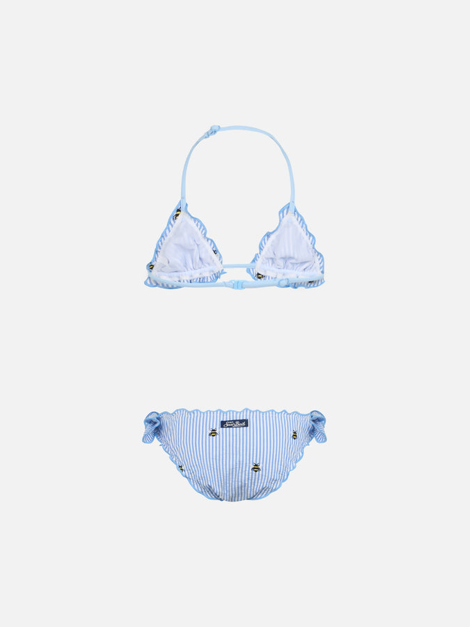Mc2 Saint Barth Bikini Classico A Triangolo Da Bambina In Seersucker Cris Con Ricamo Ape