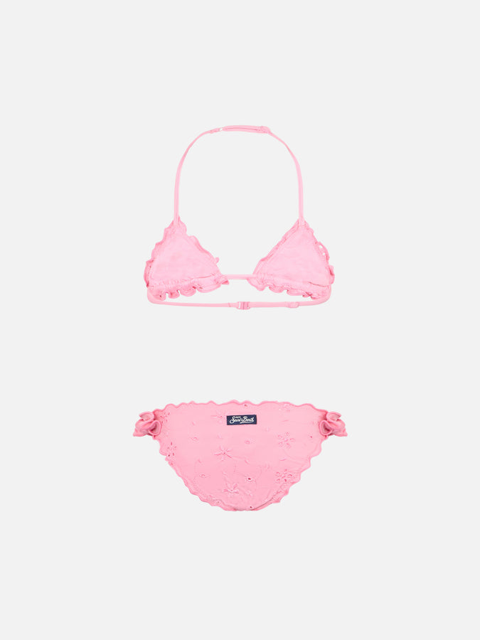 Mc2 Saint Barth Bikini Classico A Triangolo Rosa Cris Da Bambina Con Ricamo Sangallo