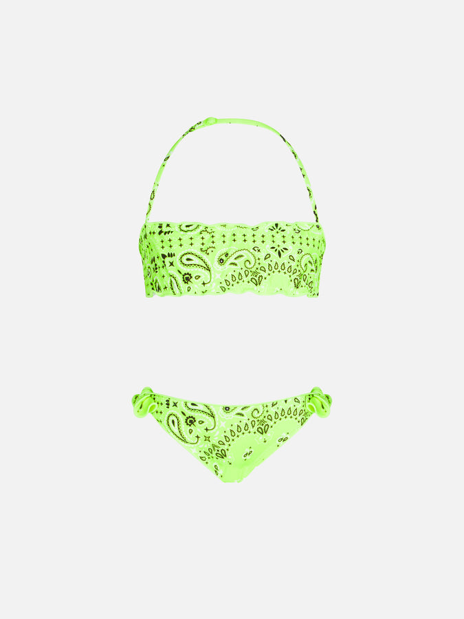 Mc2 Saint Barth Bikini da bambina a fascia con stampa bandana giallo fluo
