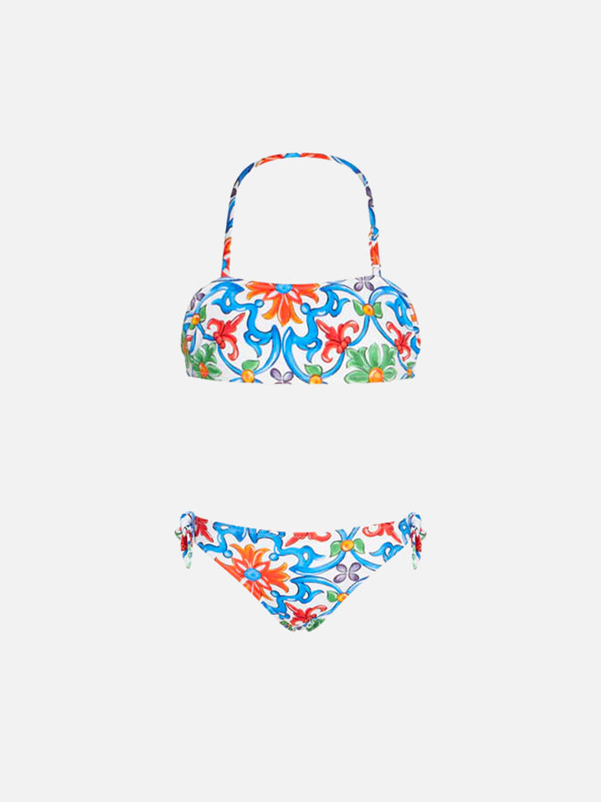 Mc2 Saint Barth Bikini da bambina a fascia con stampa maiolica