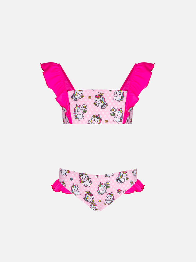 Mc2 Saint Barth Bikini da bambina a fascia con volant e stampa unicorni