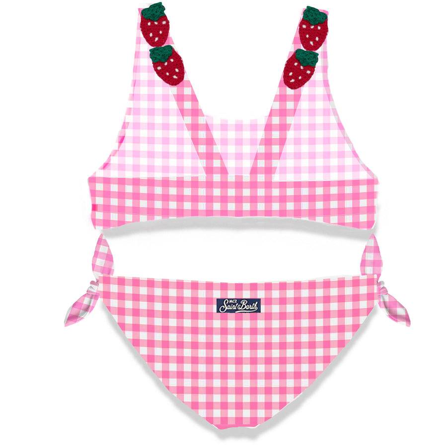 Mc2 Saint Barth Bikini Da Bambina Stampa Vichy Rosa Con Fragola Applicata