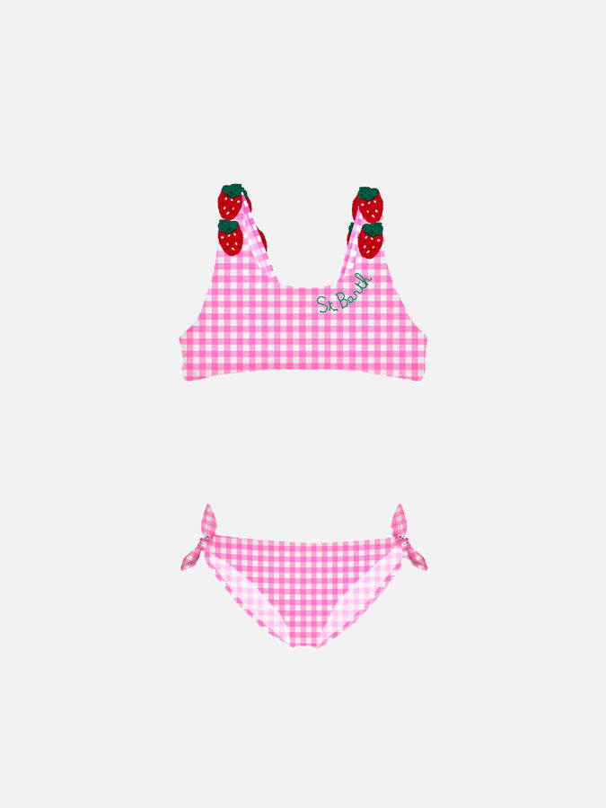 Mc2 Saint Barth Bikini da bambina stampa vichy rosa con fragola applicata