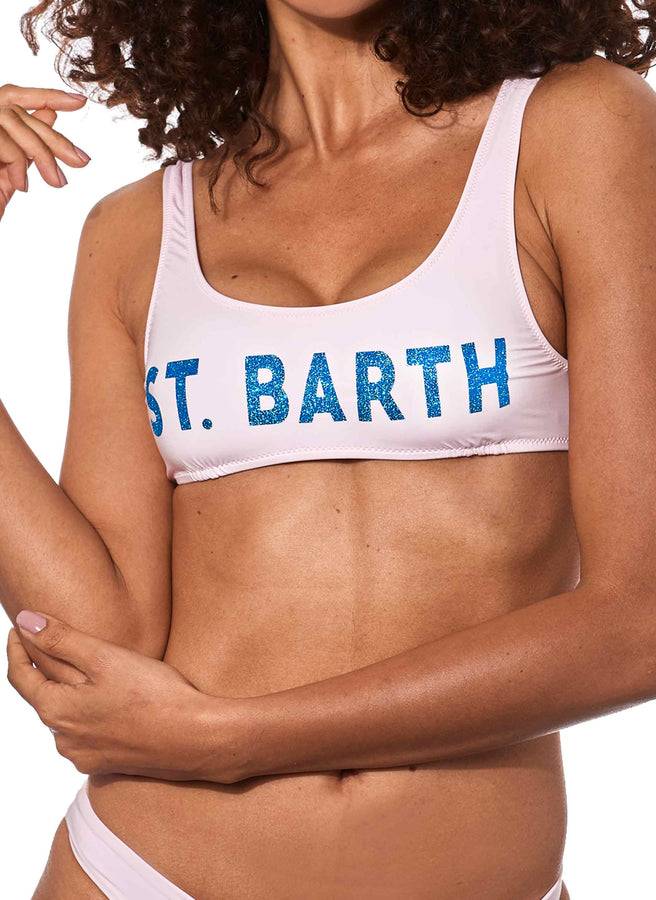 Mc2 Saint Barth Bikini Da Donna A Bralette Rosa Con Logo Glitterato