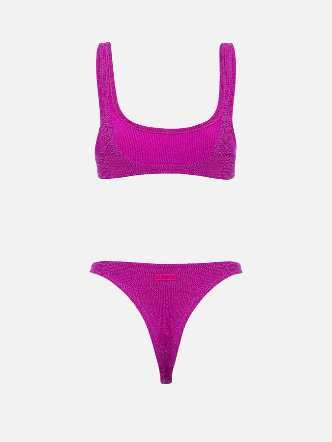 Mc2 Saint Barth Bikini Da Donna Classico A Bralette Crinkle Fucsia Con Filato Di Lurex