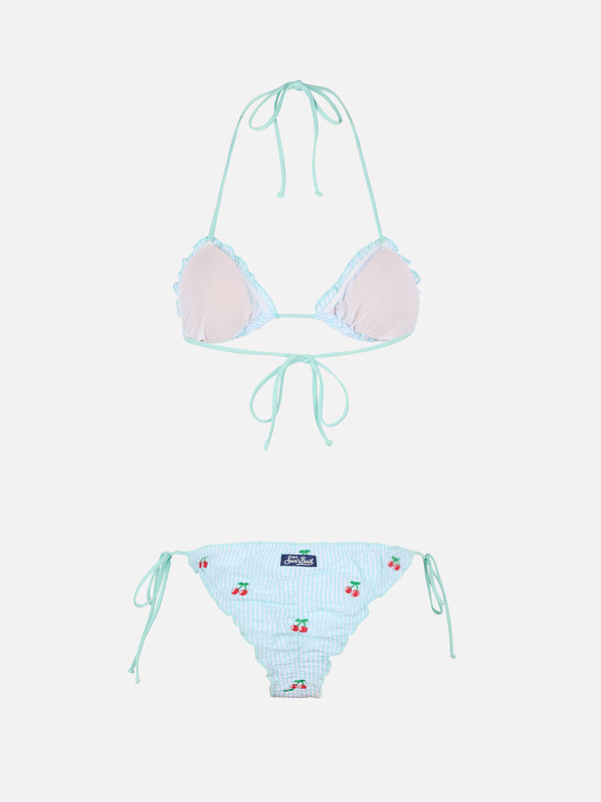 Mc2 Saint Barth Bikini Donna Classico A Triangolo In Seersucker Sagittarius Miami Con Toppe