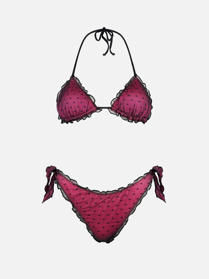 Mc2 Saint Barth Bikini Fucsia Lucido Con Tulle Nero A Pois