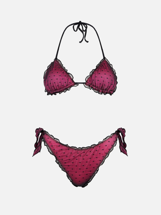 Mc2 Saint Barth Bikini Fucsia Lucido Con Tulle Nero A Pois
