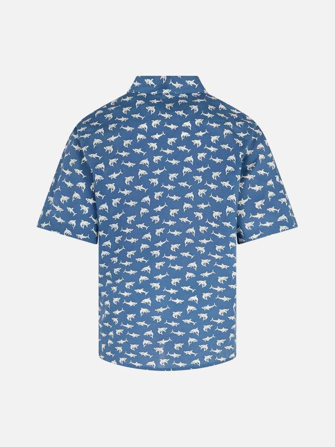 Mc2 Saint Barth Blue Boy Muslin Cotton Shirt Sharouk With Shark Print