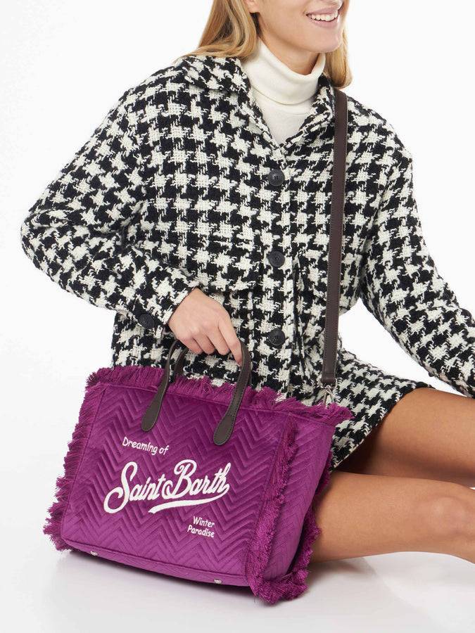 Mc2 Saint Barth Borsa A Mano Colette In Velluto Trapuntato Fucsia Con Frange