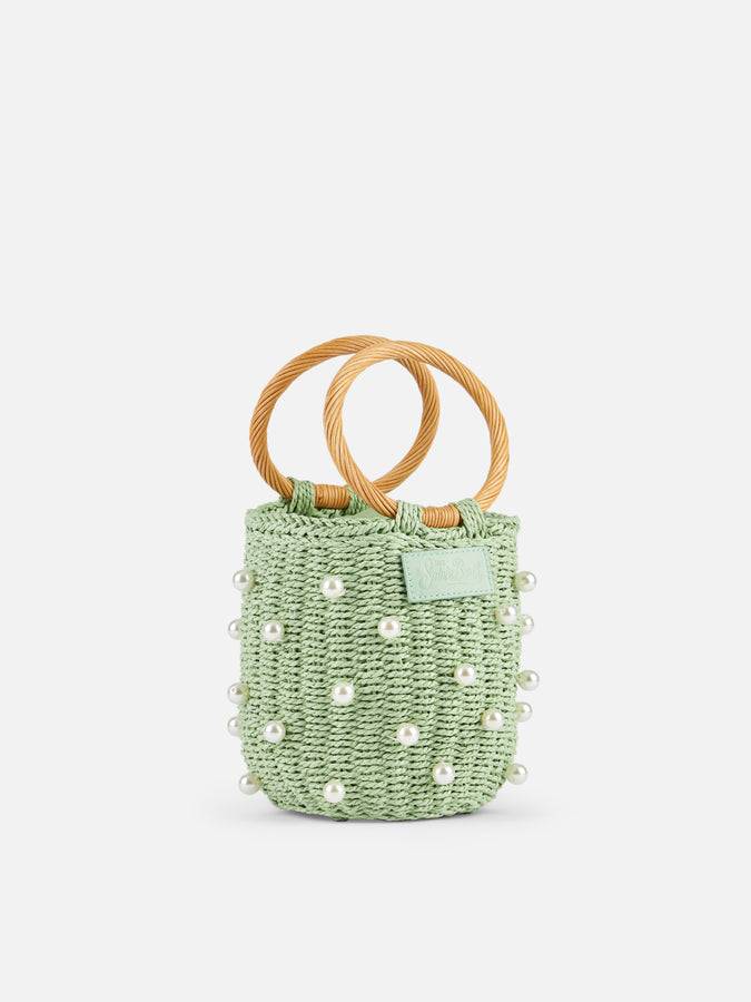 Mc2 Saint Barth Borsa A Secchiello In Rattan Verde Acqua Con Decorazione Di Perle