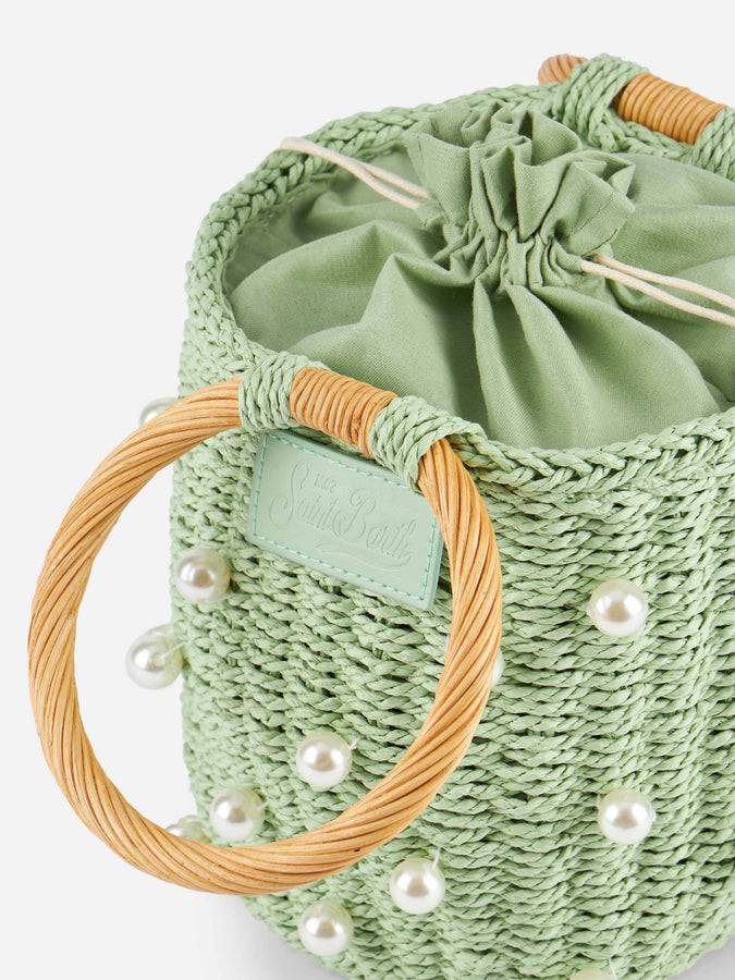 Mc2 Saint Barth Borsa A Secchiello In Rattan Verde Acqua Con Decorazione Di Perle