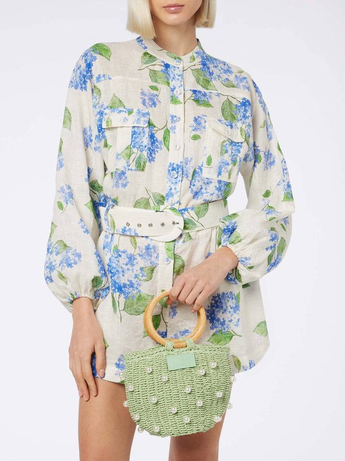 Mc2 Saint Barth Borsa A Secchiello In Rattan Verde Acqua Con Decorazione Di Perle