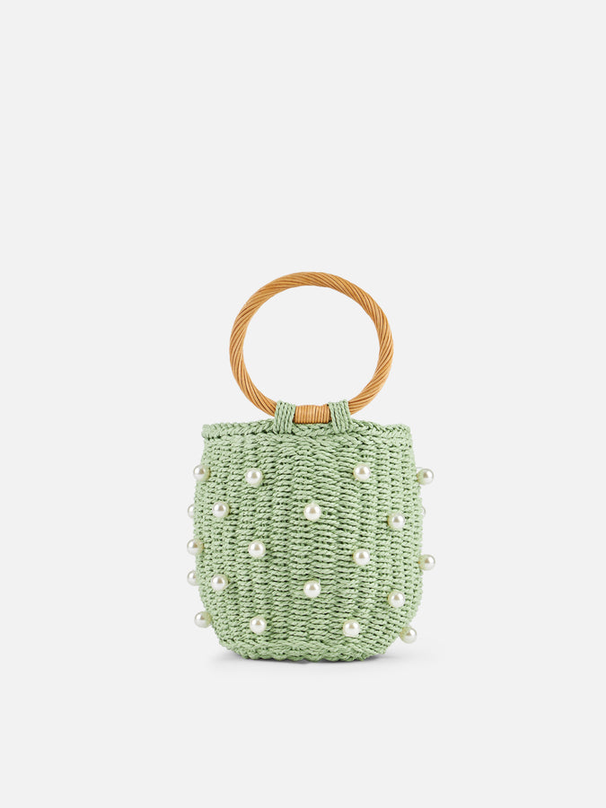 Mc2 Saint Barth Borsa A Secchiello In Rattan Verde Acqua Con Decorazione Di Perle