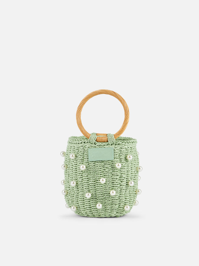 Mc2 Saint Barth Borsa a secchiello in rattan verde acqua con decorazione di perle