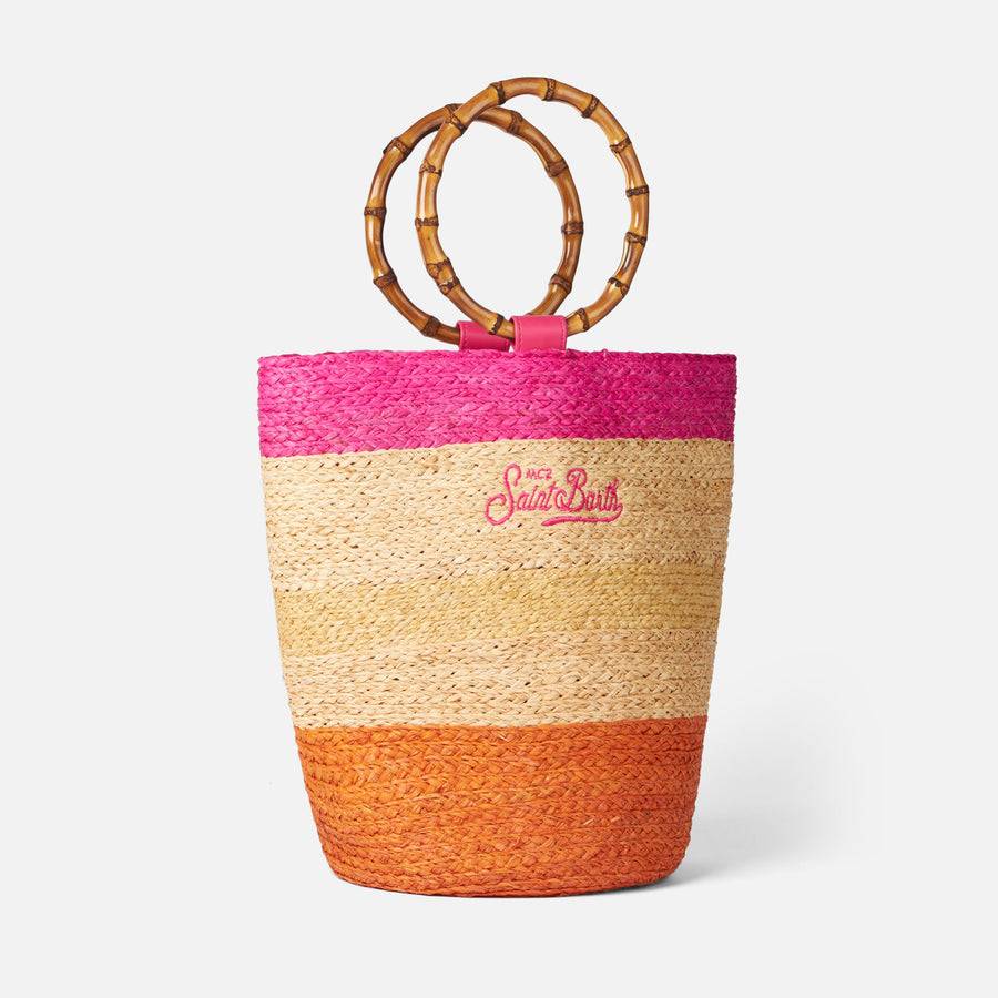 Mc2 Saint Barth Borsa A Secchiello Multicolore In Rafia Con Manici In Bambù