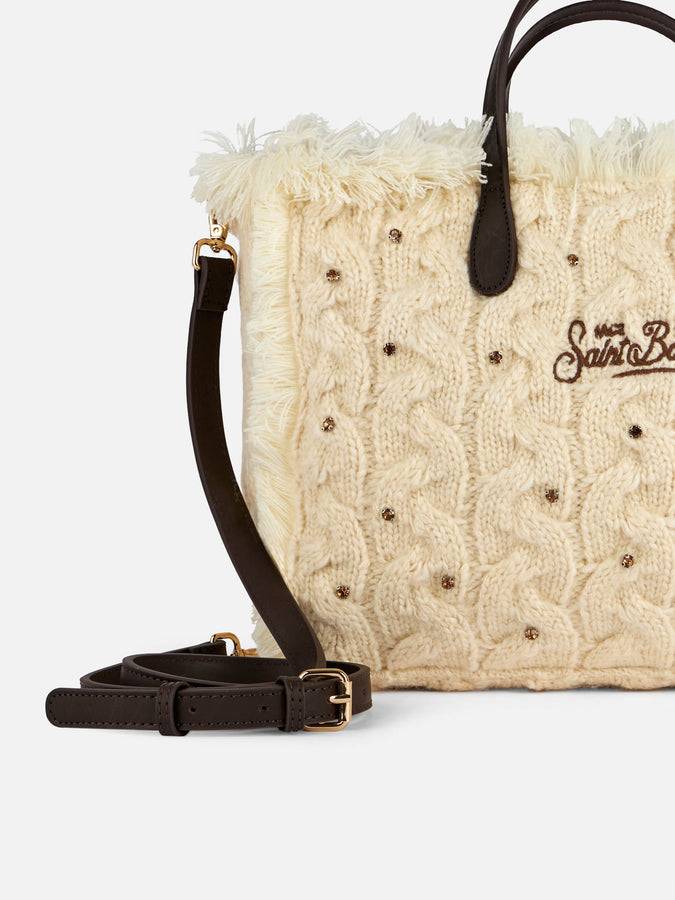Mc2 Saint Barth Borsa Colette Bianca In Tricot Intrecciato Con Strass E Frange