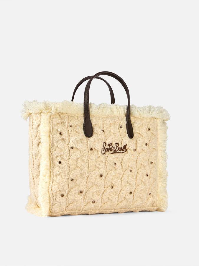 Mc2 Saint Barth Borsa Colette Bianca In Tricot Intrecciato Con Strass E Frange