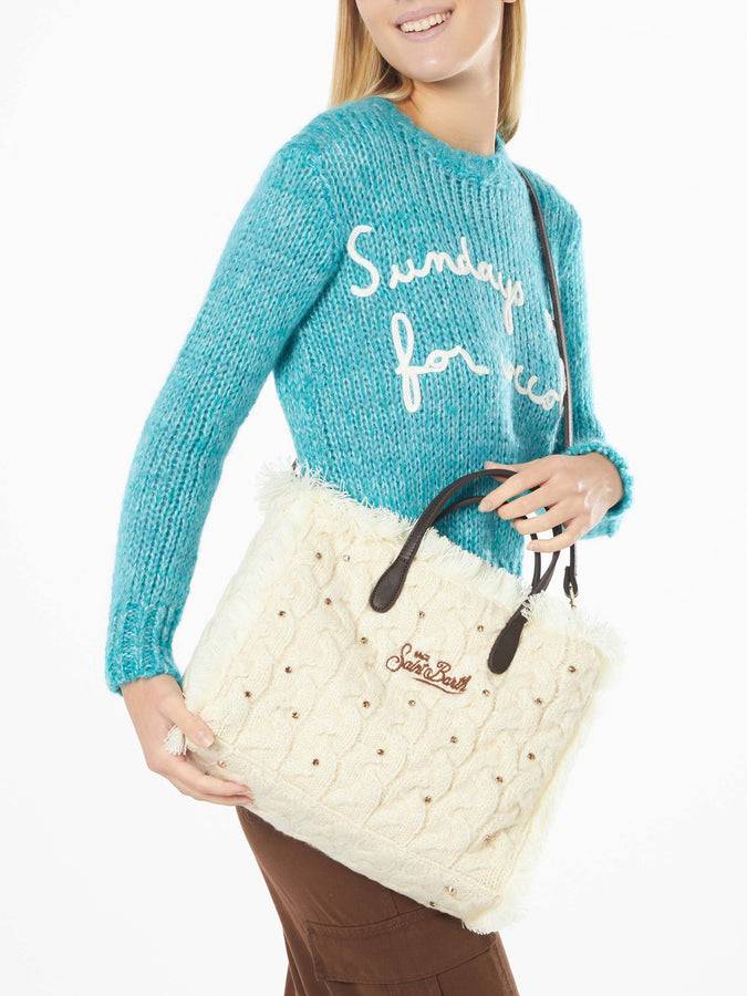 Mc2 Saint Barth Borsa Colette Bianca In Tricot Intrecciato Con Strass E Frange
