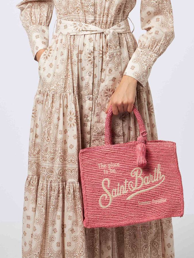 Mc2 Saint Barth Borsa Colette In Rafia Rosa Con Ricami