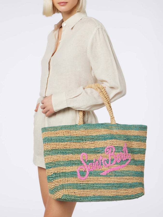 Mc2 Saint Barth Borsa Da Spiaggia In Rafia Rigata Turchese Con Pochette In Cotone