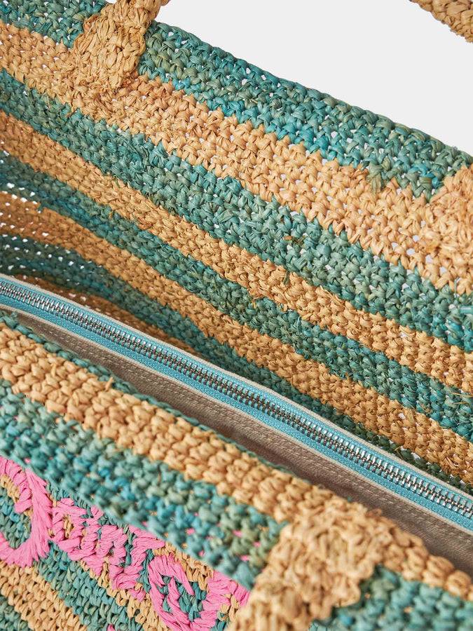 Mc2 Saint Barth Borsa Da Spiaggia In Rafia Rigata Turchese Con Pochette In Cotone