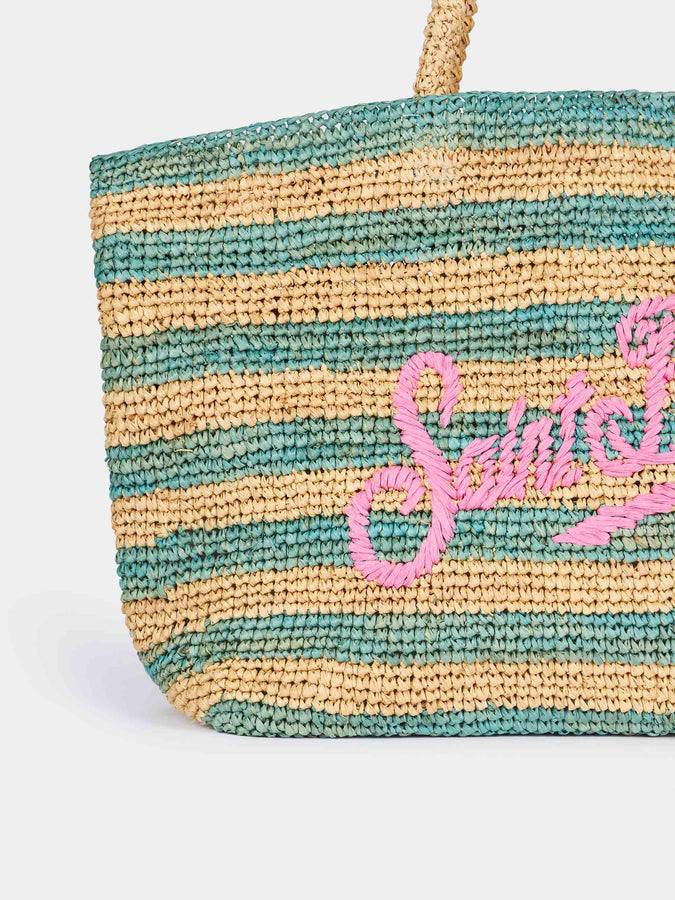 Mc2 Saint Barth Borsa Da Spiaggia In Rafia Rigata Turchese Con Pochette In Cotone