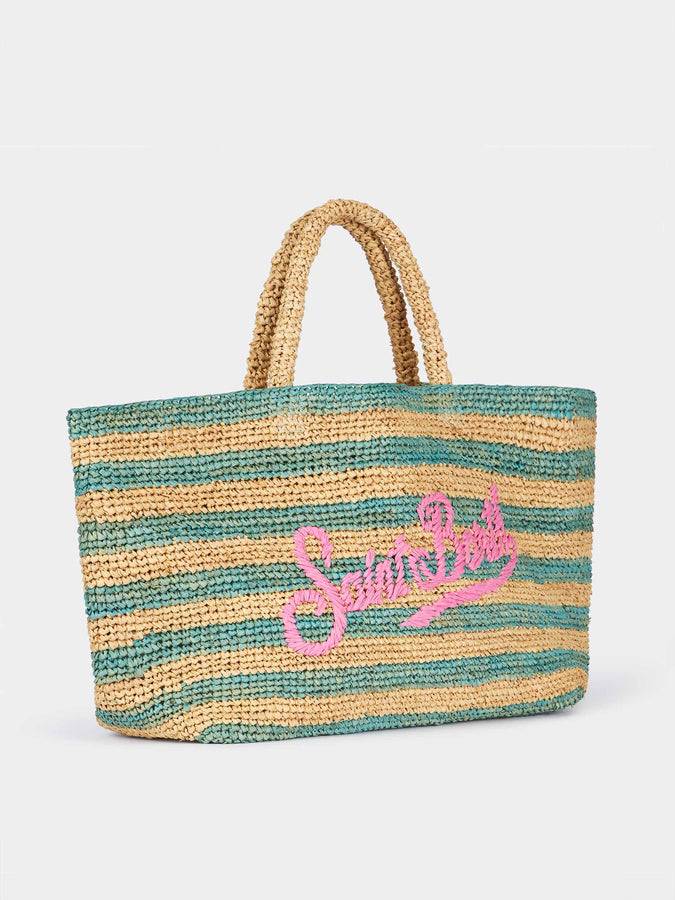 Mc2 Saint Barth Borsa Da Spiaggia In Rafia Rigata Turchese Con Pochette In Cotone