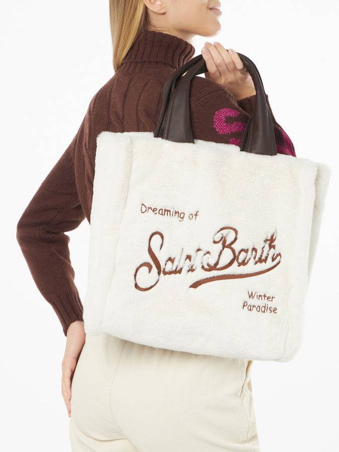 Mc2 Saint Barth Borsa Flavea In Pelliccia Bianca Con Ricamo Saint Barth