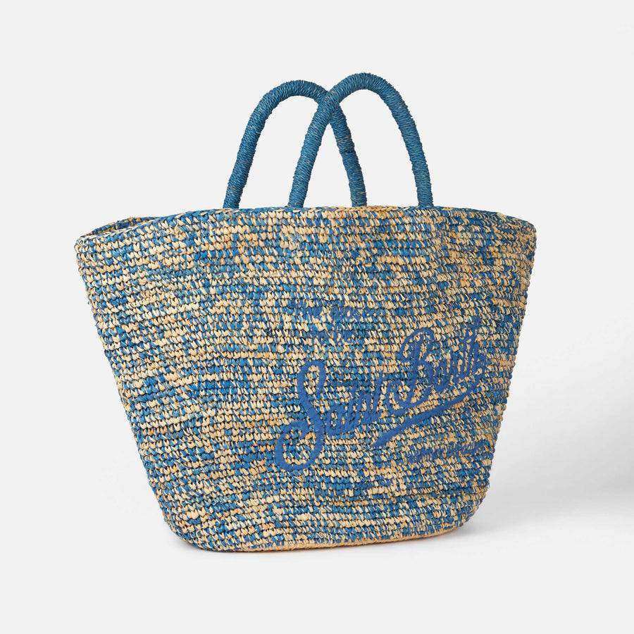 Mc2 Saint Barth Borsa In Rafia Blu E Bianca Con Ricamo Frontale