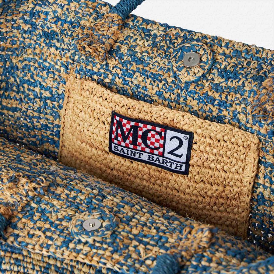 Mc2 Saint Barth Borsa In Rafia Blu E Bianca Con Ricamo Frontale